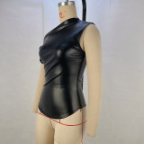 SC Slash Shoulder Patchwork PU Leather Top GPBY-15721