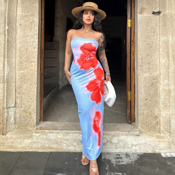 SC Print Tube Tops Split Midi Dress GPBY-15786