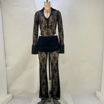 SC Lace Patchwork Deep V Neck Two Piece Pants Set GPBY-15117