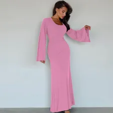 SC Loose U Neck Tie Up Long Sleeve Long Dress GPBY-14593