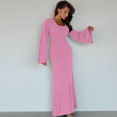 SC Loose U Neck Tie Up Long Sleeve Long Dress GPBY-14593