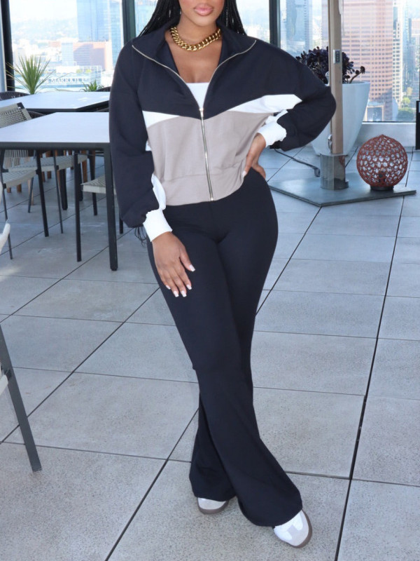 SC Long Sleeve Zipper Color Block Two Piece Pants Set AIL-301