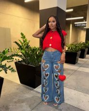 SC Hollow Out Embroidered Heart Straight Leg Jeans TK-6332