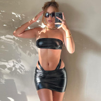 SC PU Leather Solid Color Sexy Skirts Set GPBY-13518