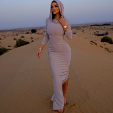 SC Solid Color Hooded Long Sleeve Maxi Dress GPBY-14491