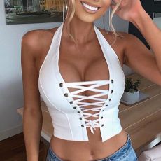 SC Sexy Halterneck Backless Tie Up PU Tops GPBY-0044