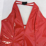 SC PU Leather Halterneck V Neck Mini Dress GPBY-15112