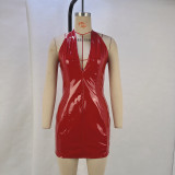SC PU Leather Halterneck V Neck Mini Dress GPBY-15112