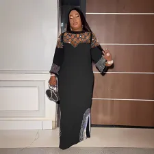 SC Plus Size Hot Drill Hollow Out Split Maxi Dress NY-3358