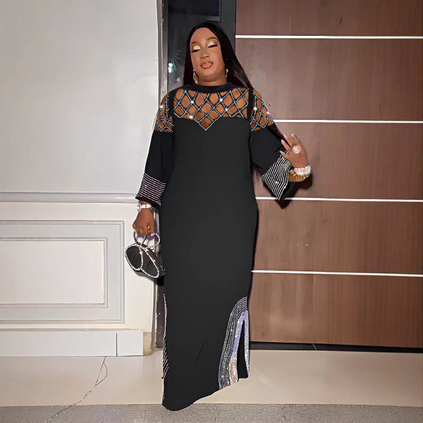 SC Plus Size Hot Drill Hollow Out Split Maxi Dress NY-3358