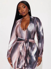SC V-neck Slim Printed Belted Long Dress GYZY-8840
