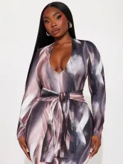 SC V-neck Slim Printed Belted Long Dress GYZY-8840