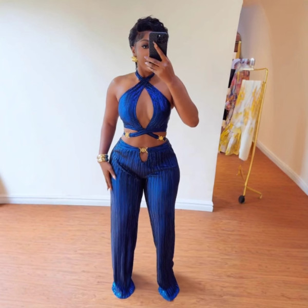 SC Plus Size Pleated Halter Backless Hollow Out 2 Piece Set NY-3330