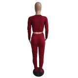 SC V Neck Solid Color Pleated Two Piece Pants Set QXTF-8830