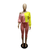 SC Slash Shoulder Color Block Two Piece Pants Set QXTF-883