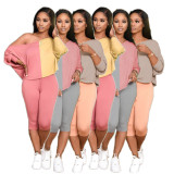 SC Slash Shoulder Color Block Two Piece Pants Set QXTF-883