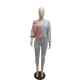 SC Slash Shoulder Color Block Two Piece Pants Set QXTF-883