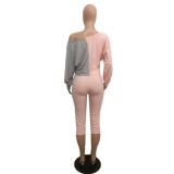 SC Slash Shoulder Color Block Two Piece Pants Set QXTF-883