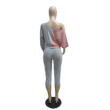 SC Slash Shoulder Color Block Two Piece Pants Set QXTF-883