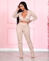 SC V Neck Solid Color Pleated Two Piece Pants Set QXTF-8830