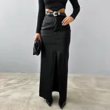 SC Solid Color High Waist Split PU Long Skirt GPBY-16562