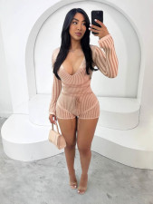 SC Pre Order: About 7 work days shipping V Neck Stripe Knits Color Block Skinny Romper YUEM-600622