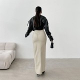 SC Solid Color High Waist Split PU Long Skirt GPBY-16562