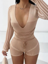 SC Pre Order: About 7 work days shipping V Neck Stripe Knits Color Block Skinny Romper YUEM-600622