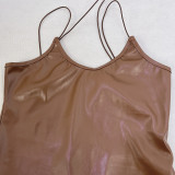 SC V Neck Slim Split Leather Midi Dress GPBY-1431