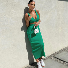 SC Deep V Neck Vest And Half Body Skirt Two Piece Set GPBY-13331