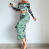 SC One Shoulder Print Long Sleeve Two Piece Skirts Set GPBY-14536