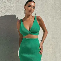 SC Deep V Neck Vest And Half Body Skirt Two Piece Set GPBY-13331