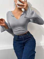 SC Sexy V Neck Pleated Flare Sleeve T Shirt GYSQ-ZTDI1470