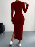 SC Solid Color Long Sleeve Split Midi Dress GYSQ-CDEF1830