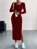 SC Solid Color Long Sleeve Split Midi Dress GYSQ-CDEF1830