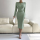SC Long Sleeve Slim Solid Color Midi Dress GYSQ-QDCH1610
