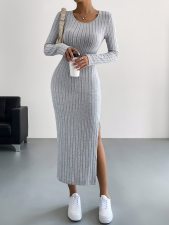 SC Solid Color Long Sleeve Split Midi Dress GYSQ-CDEF1830