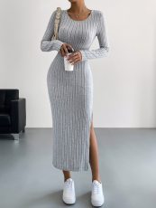 SC Solid Color Long Sleeve Split Midi Dress GYSQ-CDEF1830