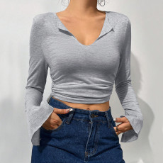 SC Sexy V Neck Pleated Flare Sleeve T Shirt GYSQ-ZTDI1470