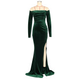 SC Long Sleeve Off Shoulder Split Maxi Dress AIL-303