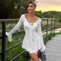 SC Ruffle Neck Tie Flare Sleeve MIni Dress GPBY-15982