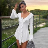 SC Ruffle Neck Tie Flare Sleeve MIni Dress GPBY-15982