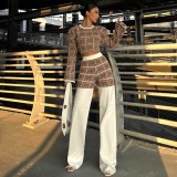SC Print Plaid Long Sleeve Tops Loose Pant Suit GPBY-16523