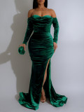 SC Long Sleeve Off Shoulder Split Maxi Dress AIL-303