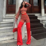 SC Print Plaid Long Sleeve Tops Loose Pant Suit GPBY-16523