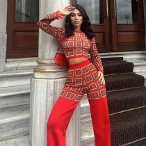SC Print Plaid Long Sleeve Tops Loose Pant Suit GPBY-16523