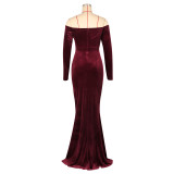 SC Long Sleeve Off Shoulder Split Maxi Dress AIL-303