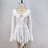 SC Ruffle Neck Tie Flare Sleeve MIni Dress GPBY-15982