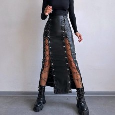 SC Solid Color Split Tie Up Long Skirt GPBY-16556