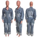 SC Fashion Washed Multi-pockets Loose Denim Jumpsuit LX-6036